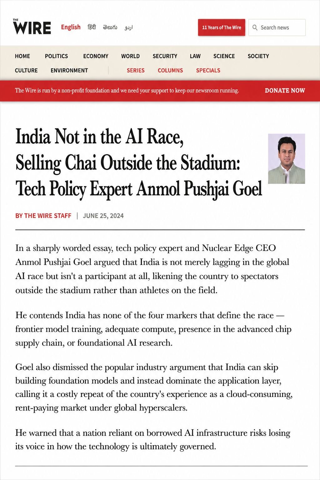 The Wire clipping about India and the AI race